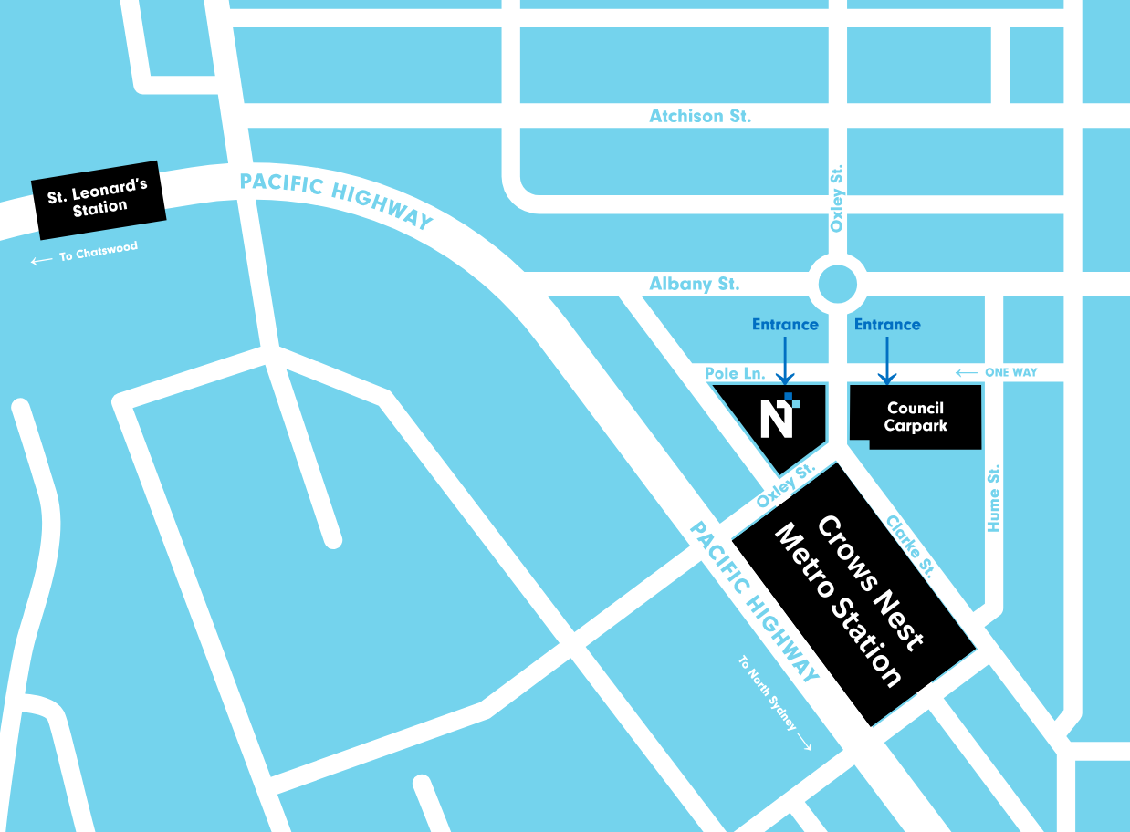 Map showing Northside Conference Centre entrances on Oxley and Pole Streets, the council car park opposite, and Crows Nest Metro Station
